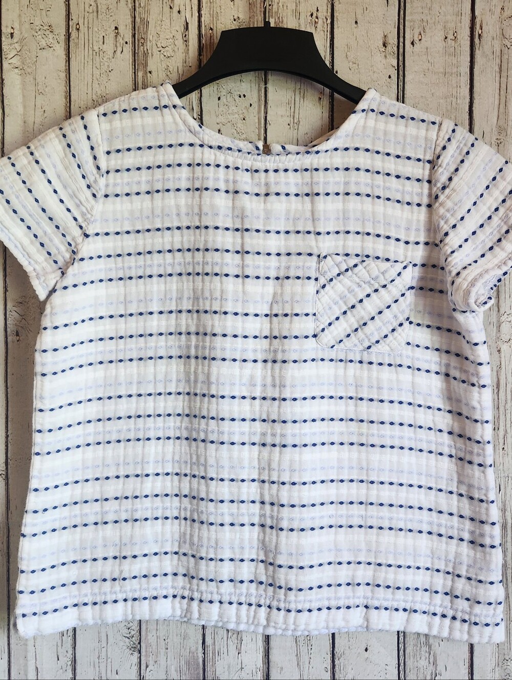 Talbots Petites LP White Blue Striped Gauze Top Short Sleeve Cotton Zipper Back